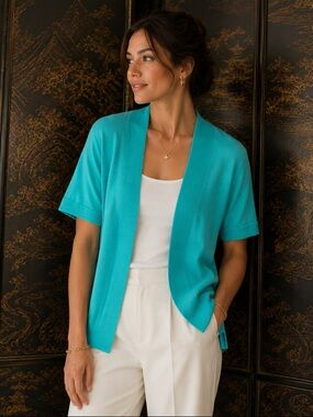 ST JOHN Seafoam Green petite CARDIGAN SWEATER M-L